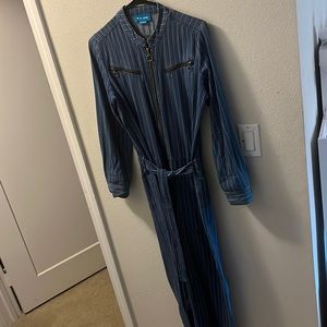 cotton, jean color, white pin stripe coveralls